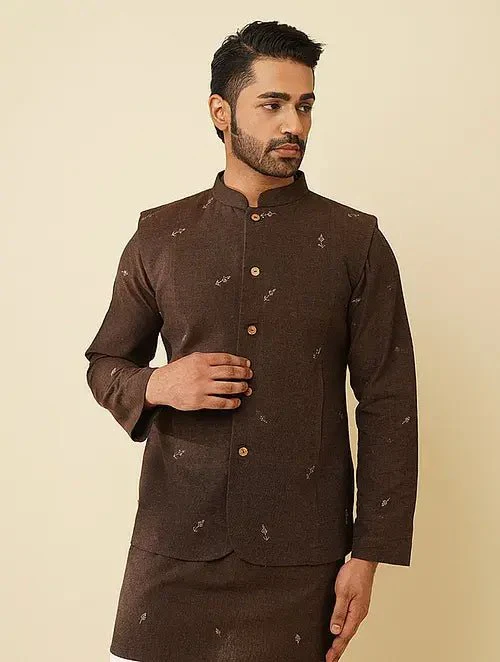 Men’s Classic Brown Nehru Jacket with Gold Buttons