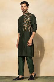 Men’s Olive Green Cotton Kurta with Printed Inner Placket