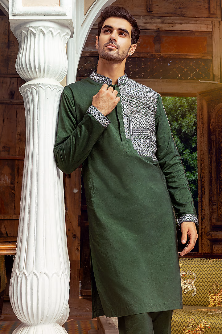 Men’s Dusty Olive Cotton Kurta with Side Embroidery