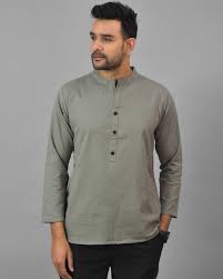 Men’s Sky Grey Short Kurta with Band Collar