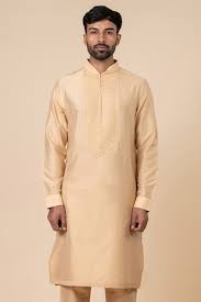 Men’s Almond Beige Cotton Kurta with Threaded Yoke