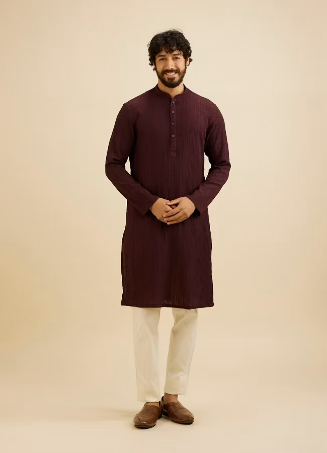 Men’s Wine Textured Cotton Kurta with Classic Cut