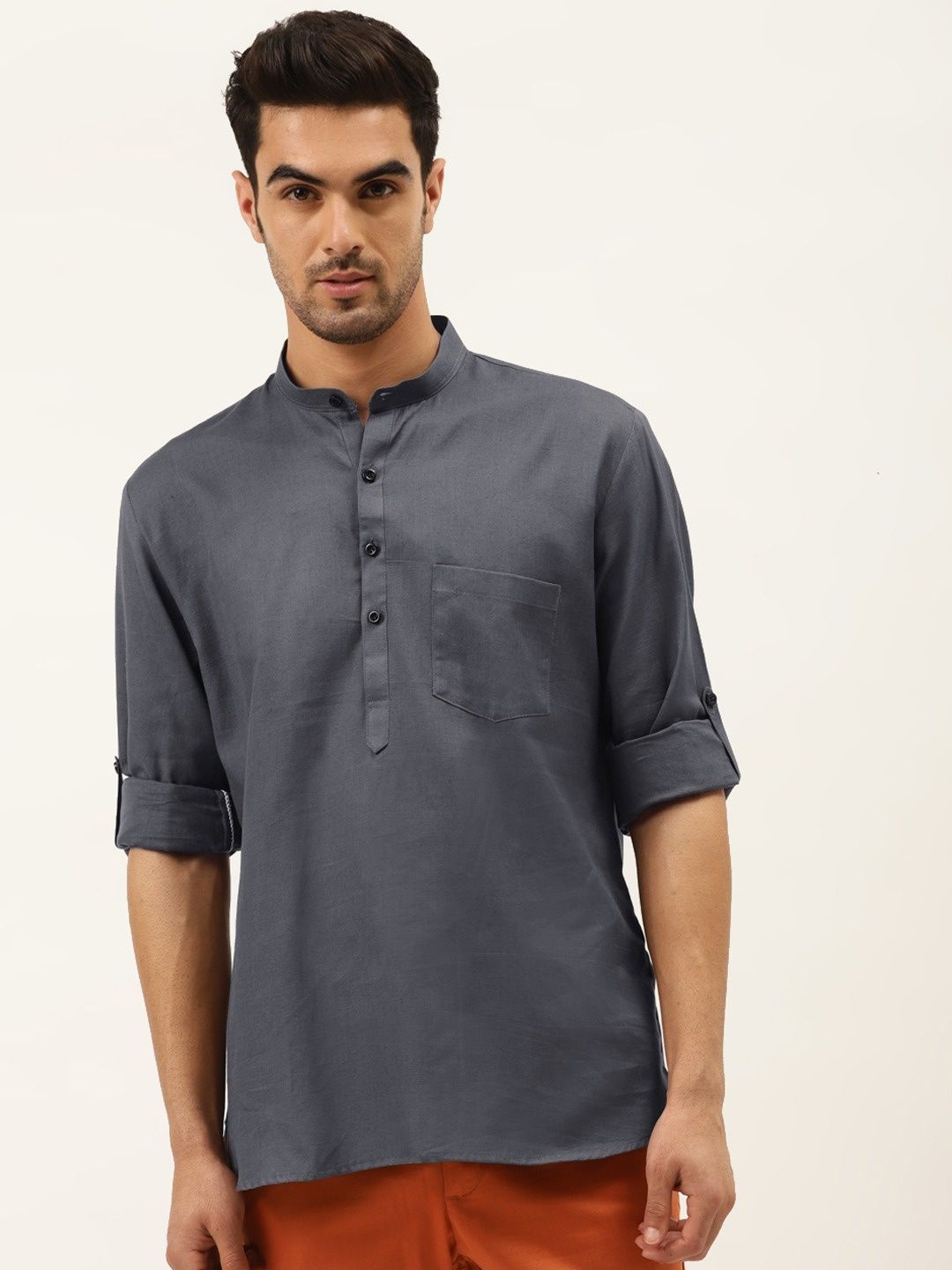 Men’s Ash Grey Linen Short Kurta with Folded Sleeves
