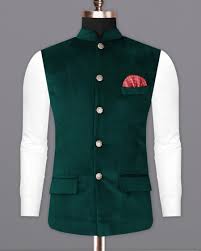 Men’s Forest Green Nehru Jacket with Embossed Buttons