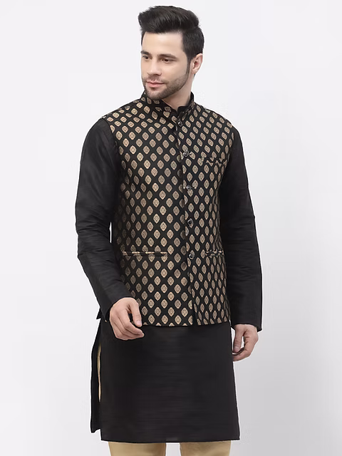 Men’s Jet Black Nehru Jacket with Gold Thread Detailing