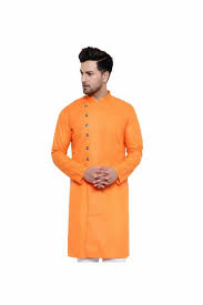 Men’s Brick Orange Cotton Kurta with Side Button Panel