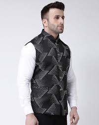Men’s Black Nehru Jacket with Geometric Print Lining
