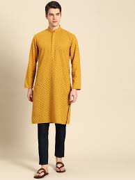 Men’s Classic Mustard Cotton Kurta with Embroidery
