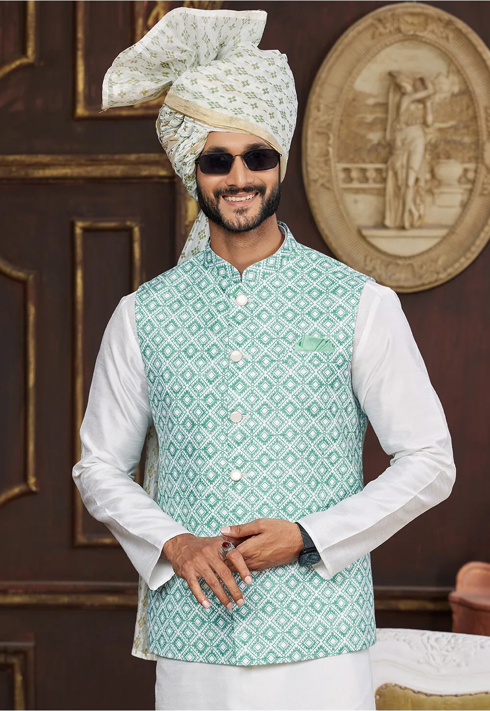 Men’s Teal Green Nehru Jacket with Printed Lining