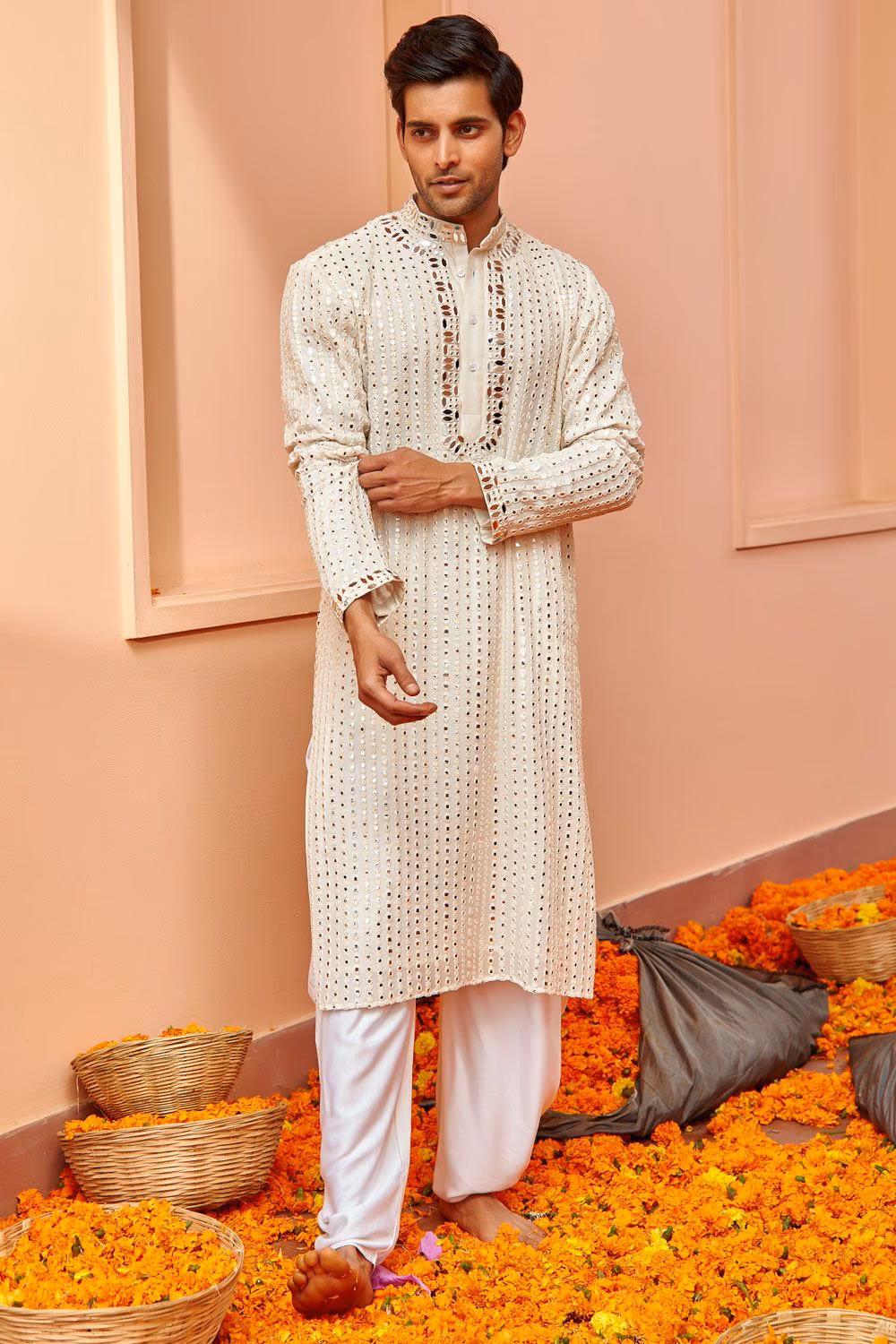Men’s Ivory Cotton Kurta with Gold Embroidery