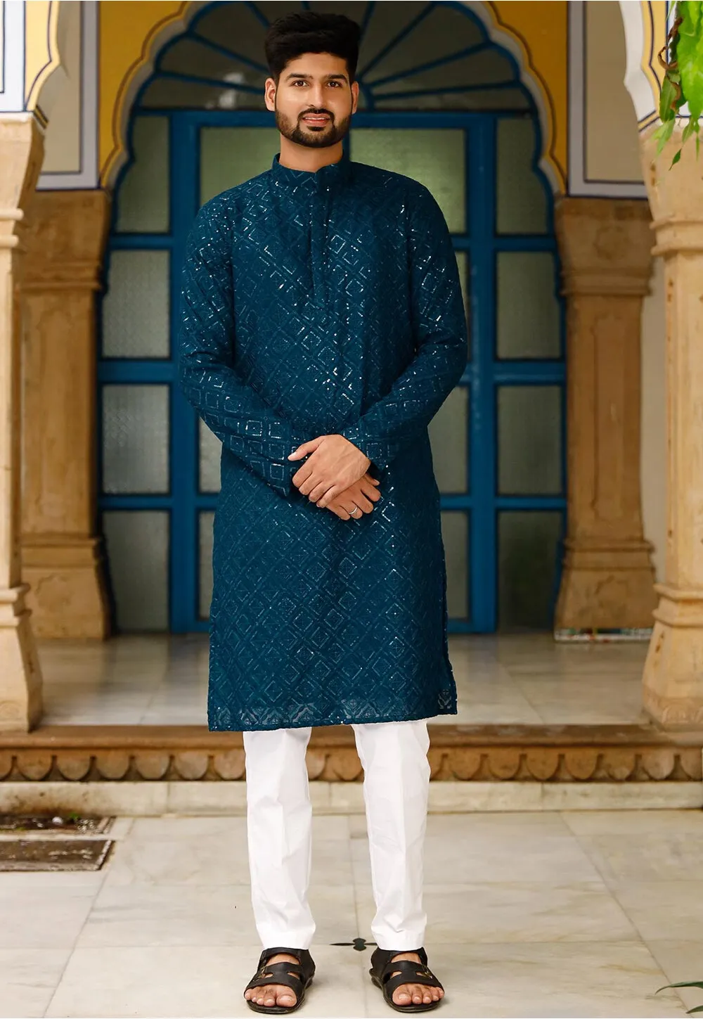 Men’s Dusty Teal Self-Design Kurta with Pyjama