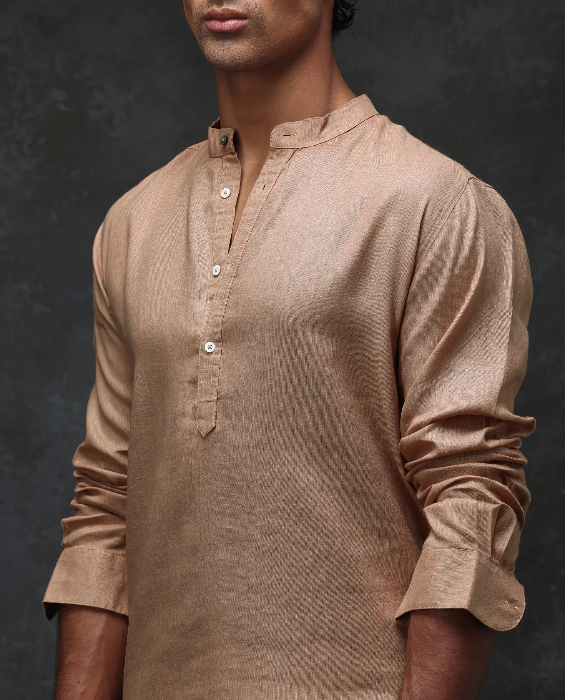 Men’s Beige Linen Short Kurta with Mandarin Collar