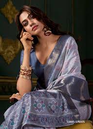 Steel Blue Foil Print Saree