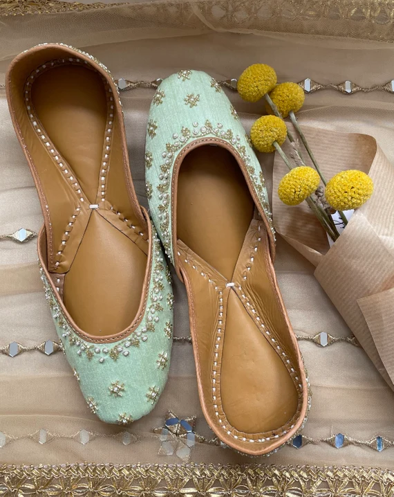 Mint Green Silk Juttis with Thread Embroidery