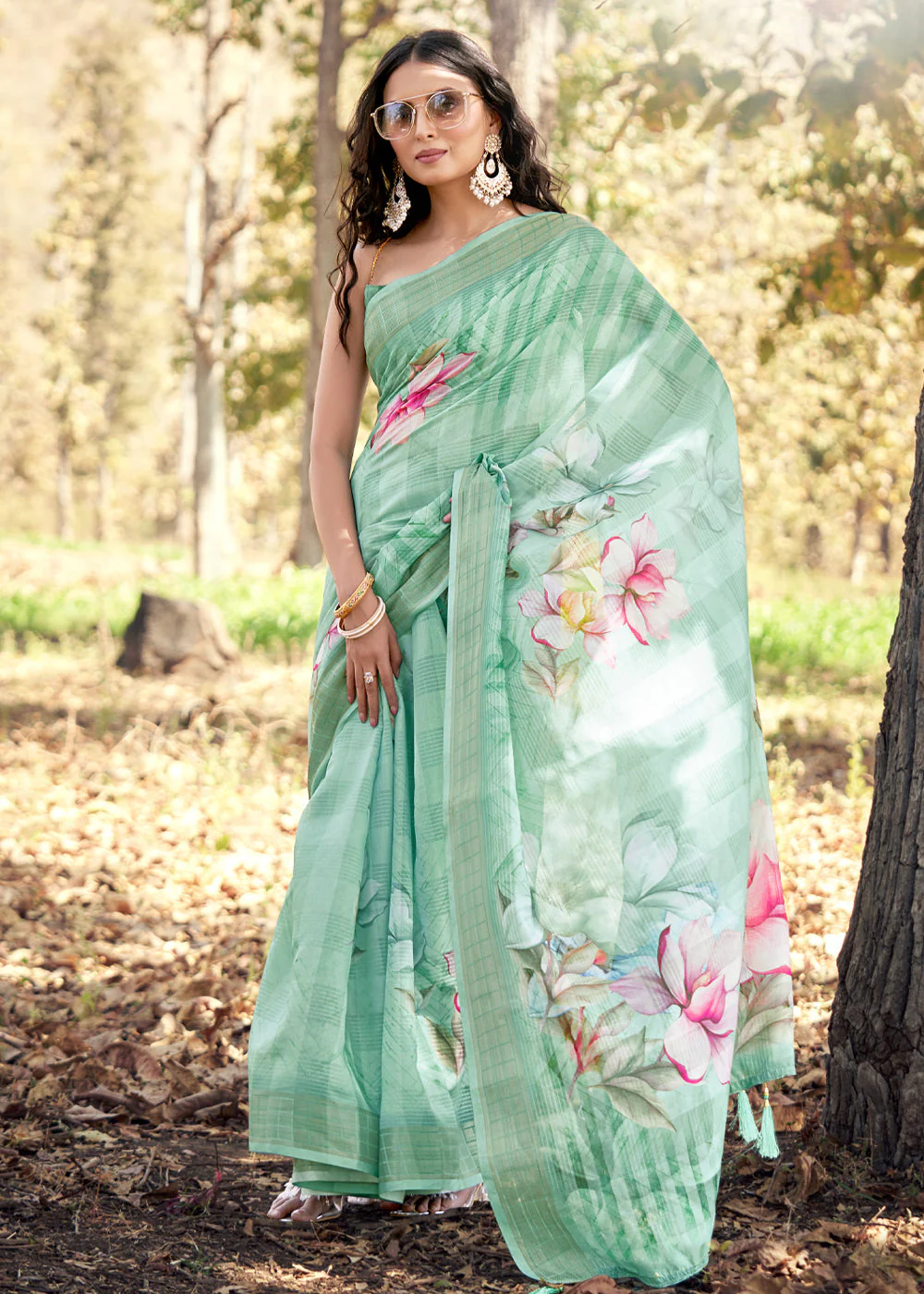 Mint Green Linen Saree with Floral Print