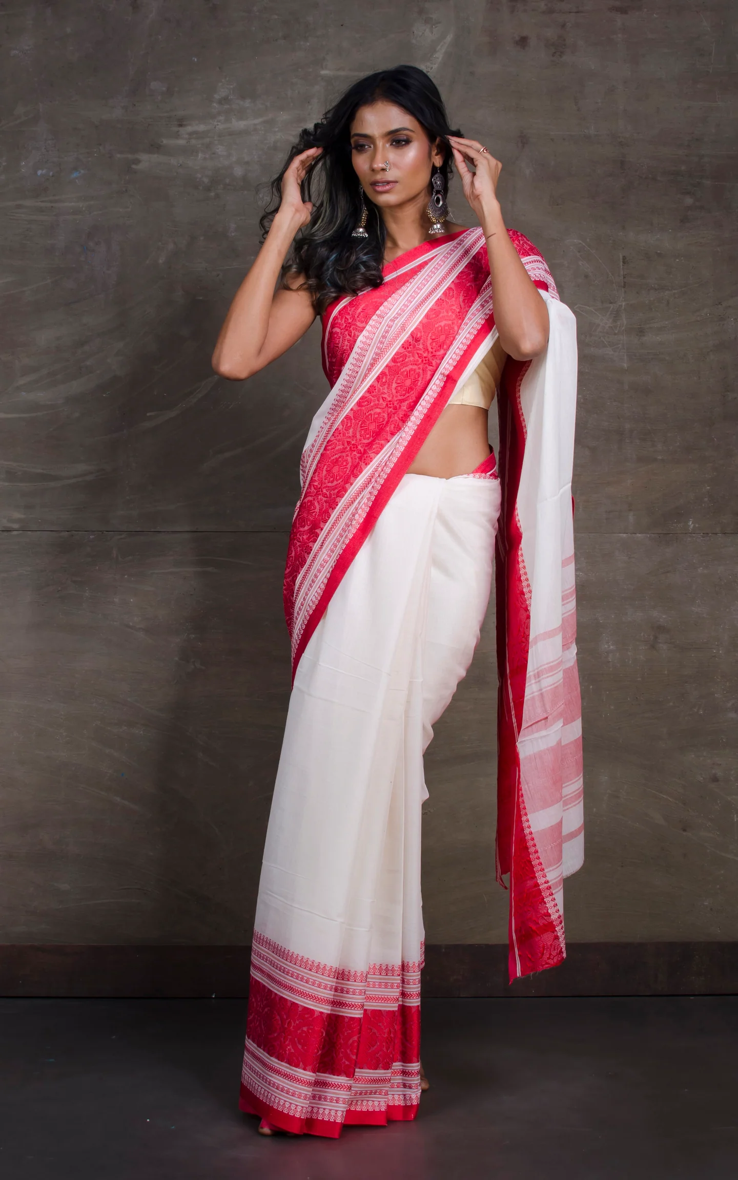 Off White Cotton Saree with Red Border