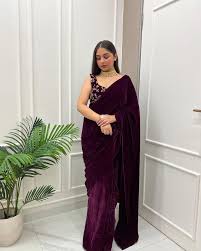 Wine Velvet Embroidered Saree