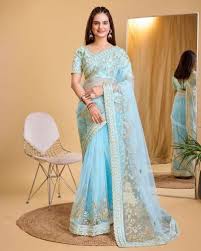 Sky Blue Soft Net Saree with Lace