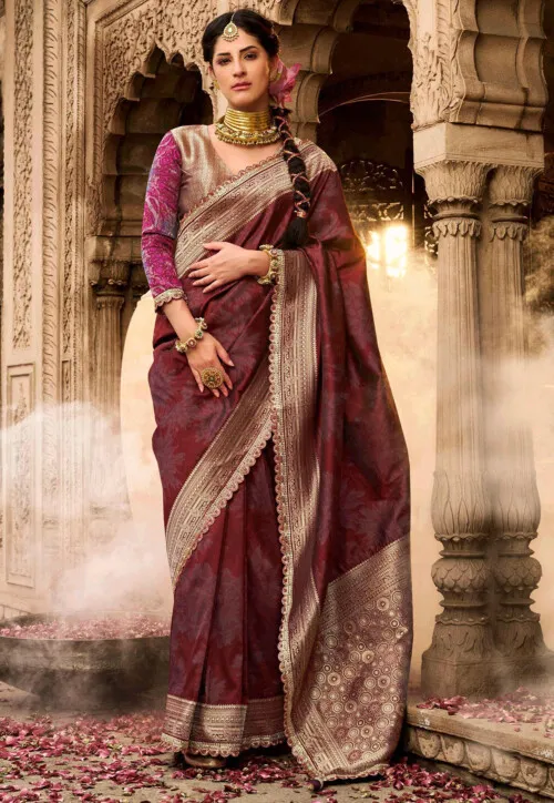 Maroon Art Silk Temple Saree