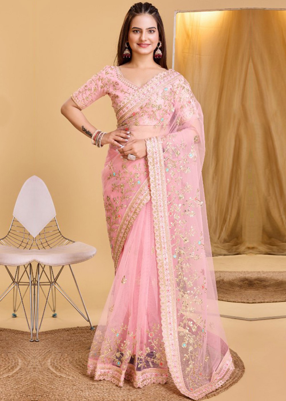 Blush Pink Embroidered Net Saree