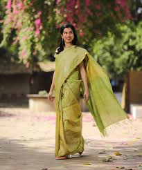 Olive Green Tussar Silk Saree