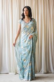 Ice Blue Foil Print Georgette Saree