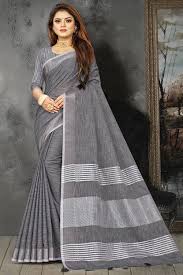 Charcoal Grey Linen Striped Saree