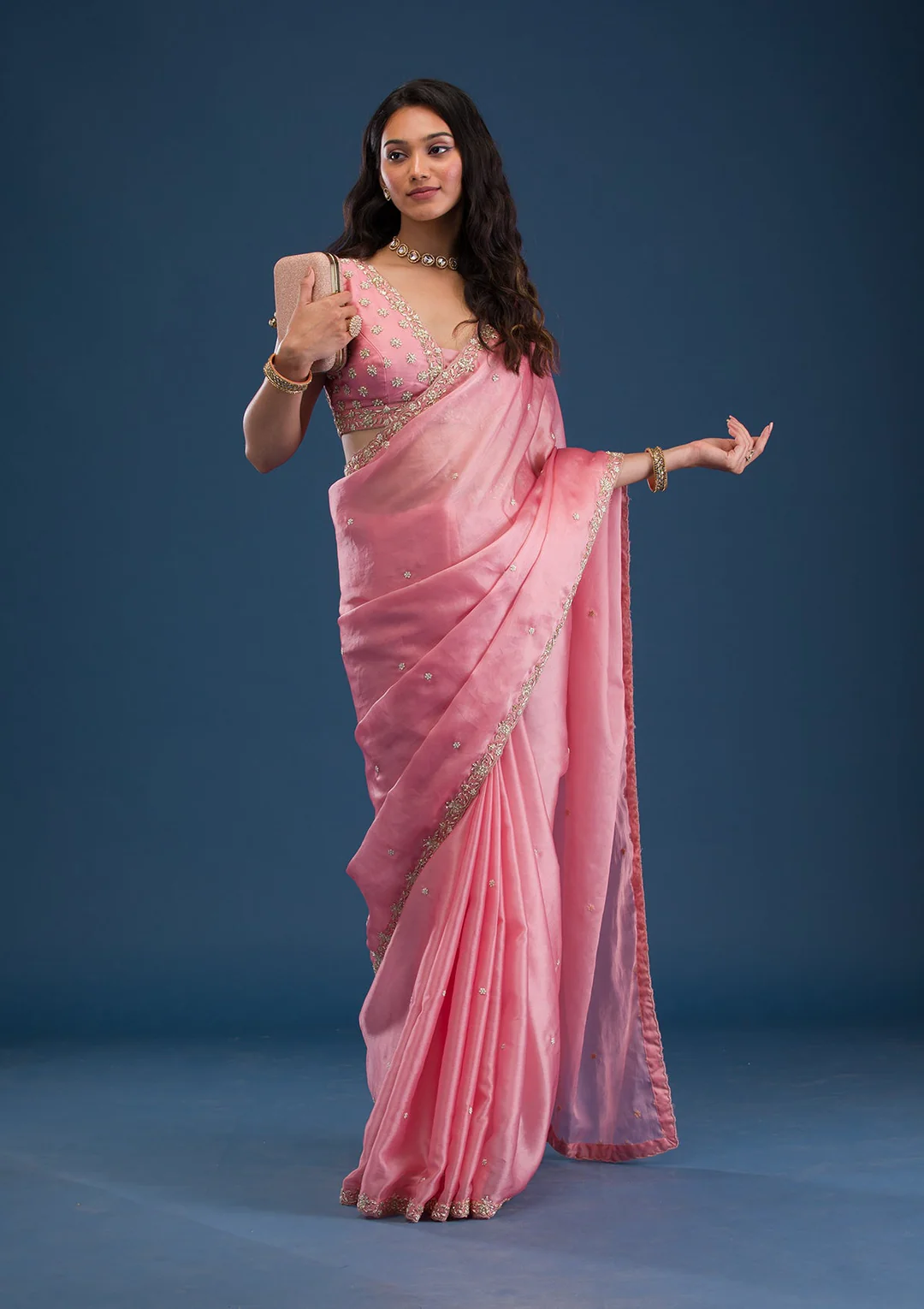 Baby Pink Tissue Saree with Pearl Border