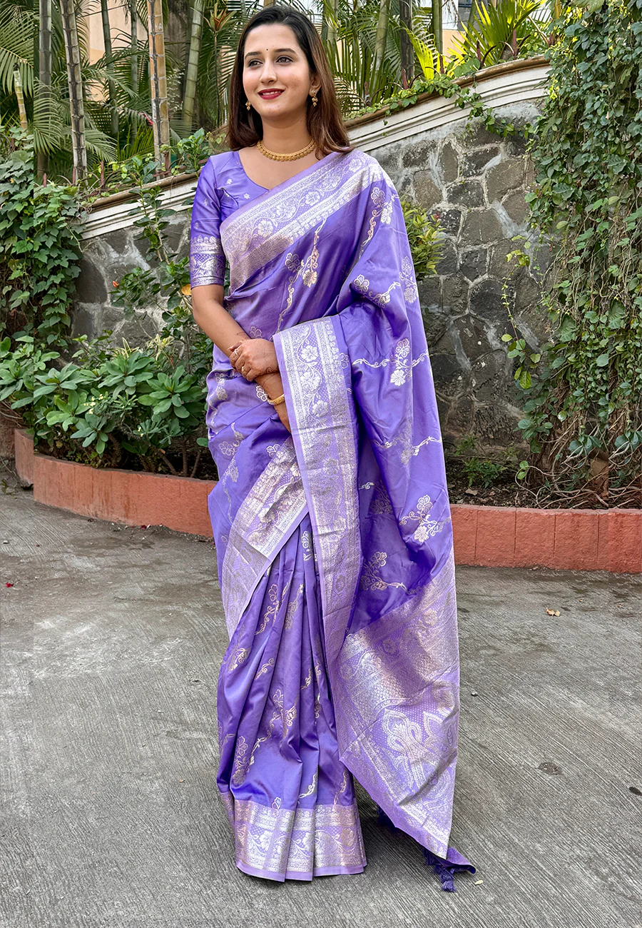 Lavender Soft Silk Saree with Silver Zari
