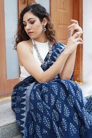 Indigo Blue Cotton Block Print Saree