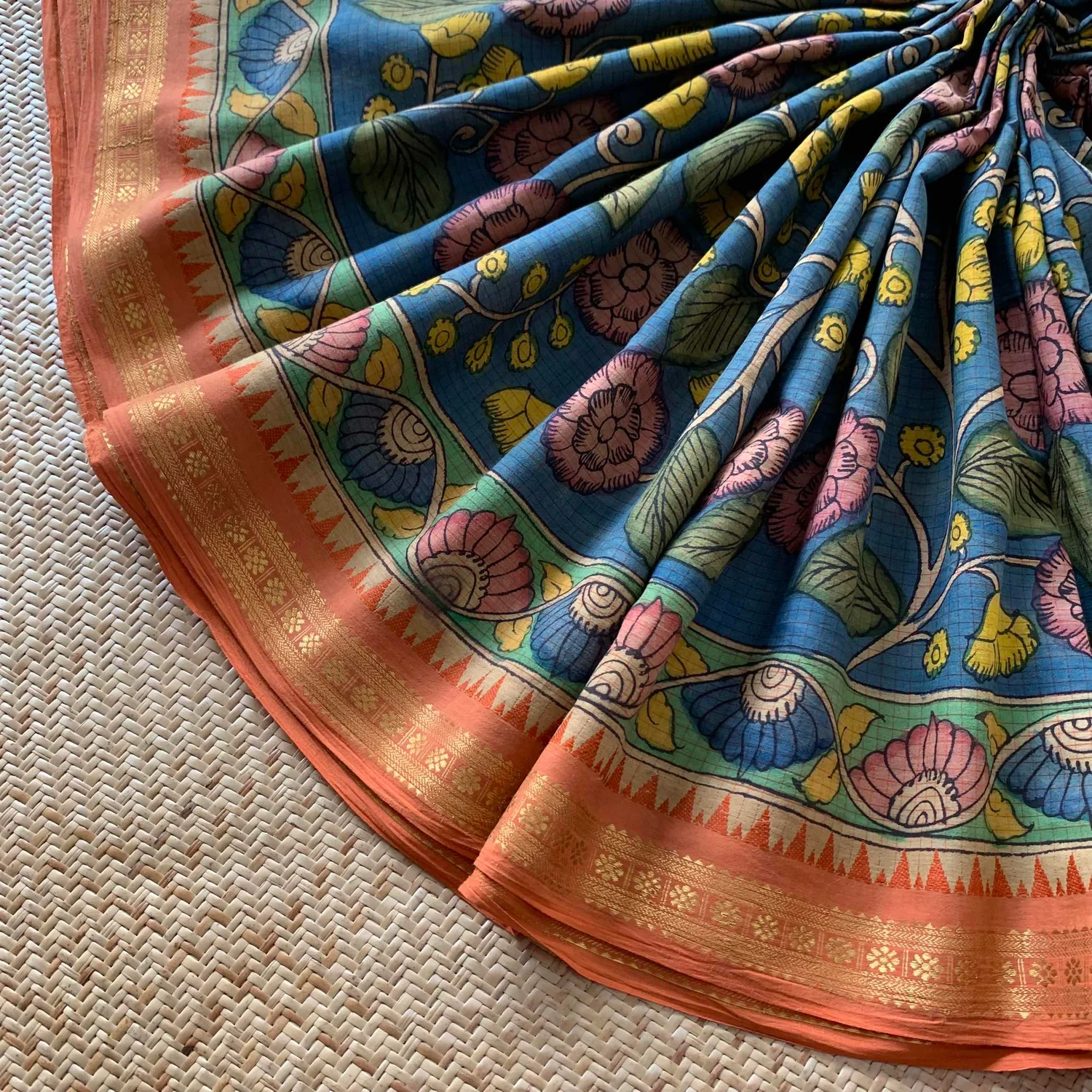 Teal Handpainted Kalamkari Saree