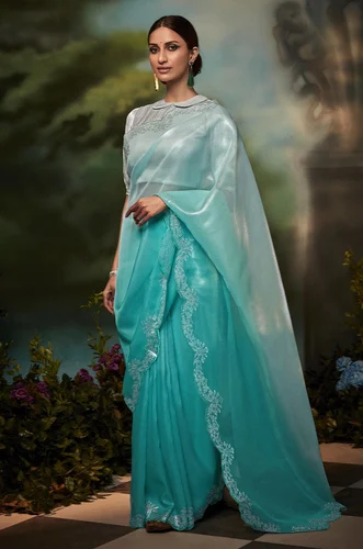 Turquoise Pure Organza Saree