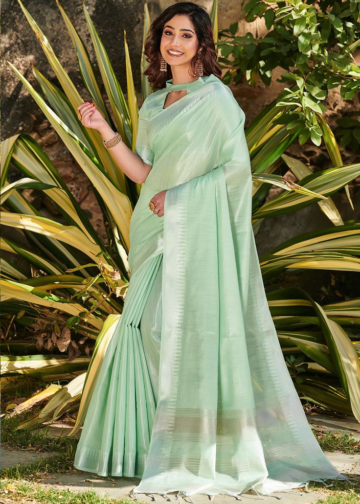 Pastel Green Zari Woven Tissue Saree