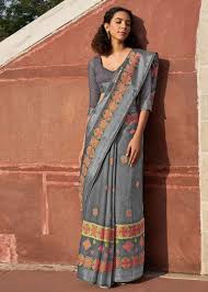 Steel Grey Printed Linen Saree