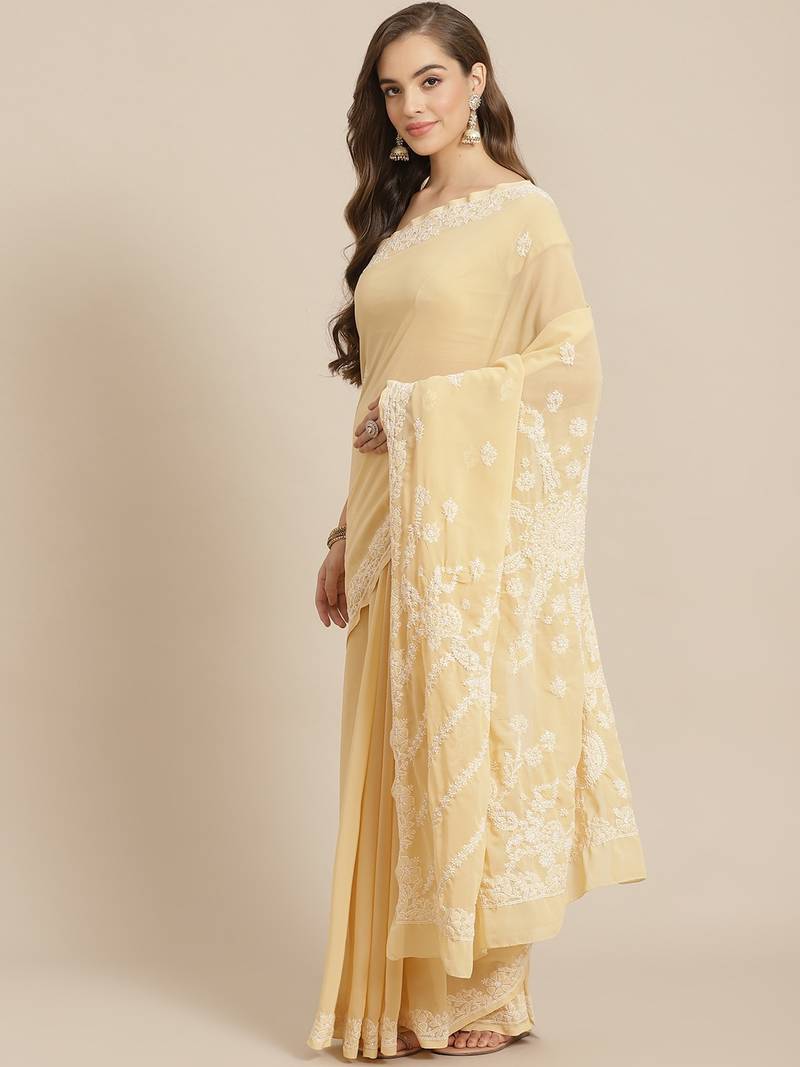 Lemon Cream Chikankari Georgette Saree