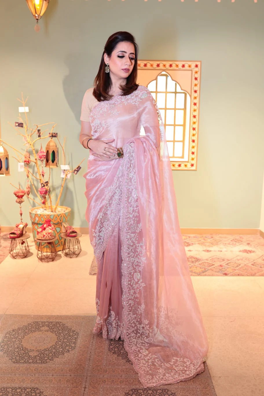 Light Pink Organza Saree with Embroidery