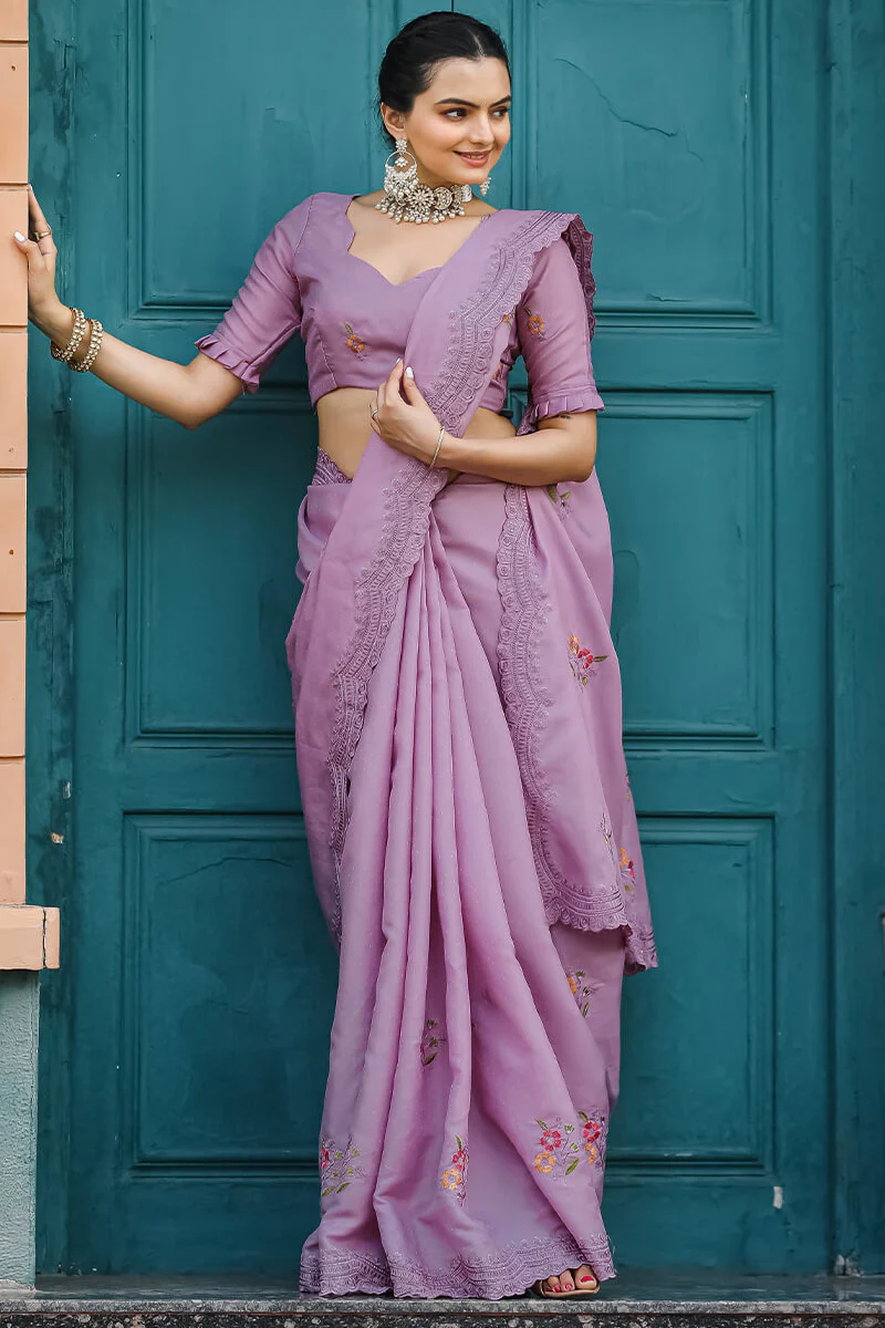 Dusty Lavender Floral Cotton Saree