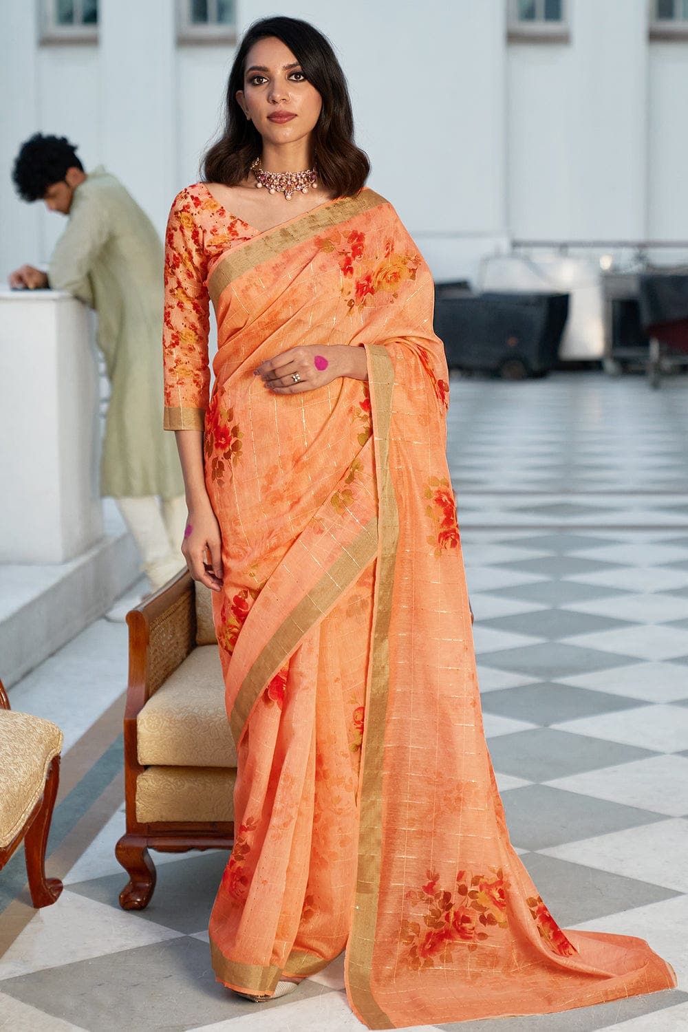 Tangerine Orange Printed Saree