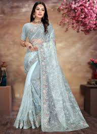 Aqua Blue Designer Net Saree
