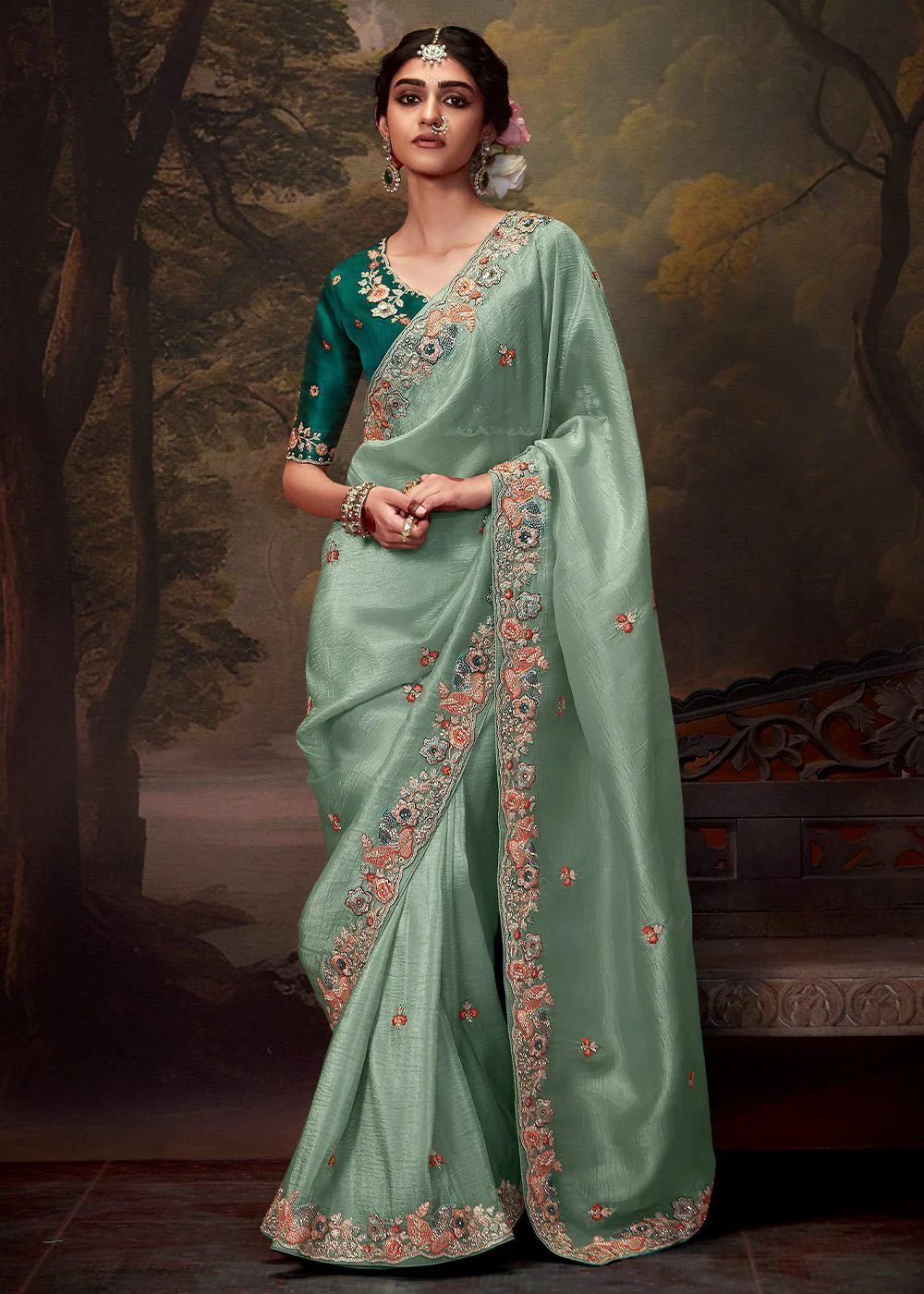 Pastel Green Organza Floral Saree