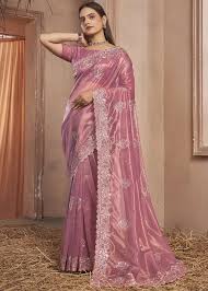 Rose Pink Net Embroidered Saree
