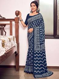 Navy Blue Cotton Printed Saree