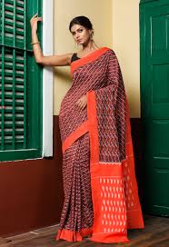 Rust Orange Ikat Cotton Saree