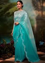 Aqua Blue Satin Party Saree