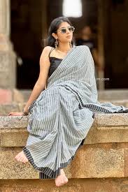 Grey Soft Cotton Striped Saree
