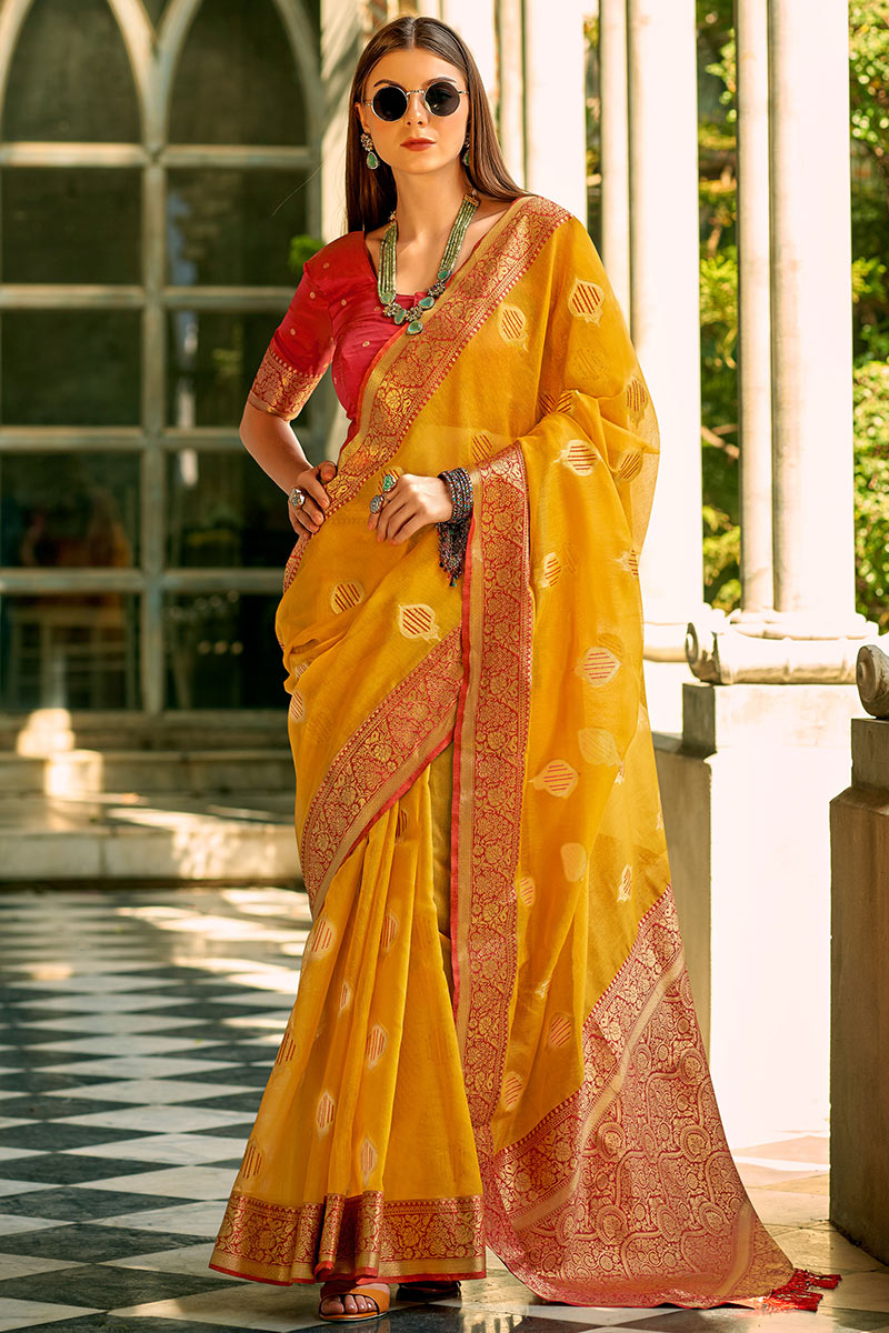Mustard Yellow Tussar Silk Saree