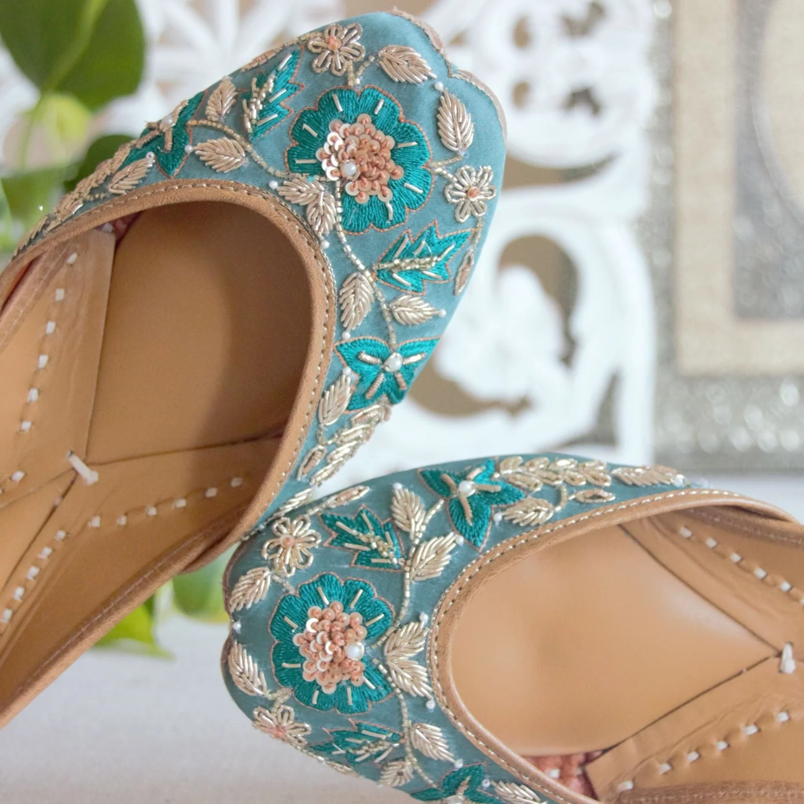 Sea Green Handcrafted Pearl Jutti