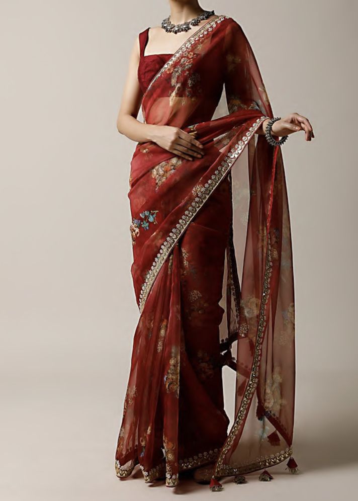 Rosewood Organza Embroidered Saree