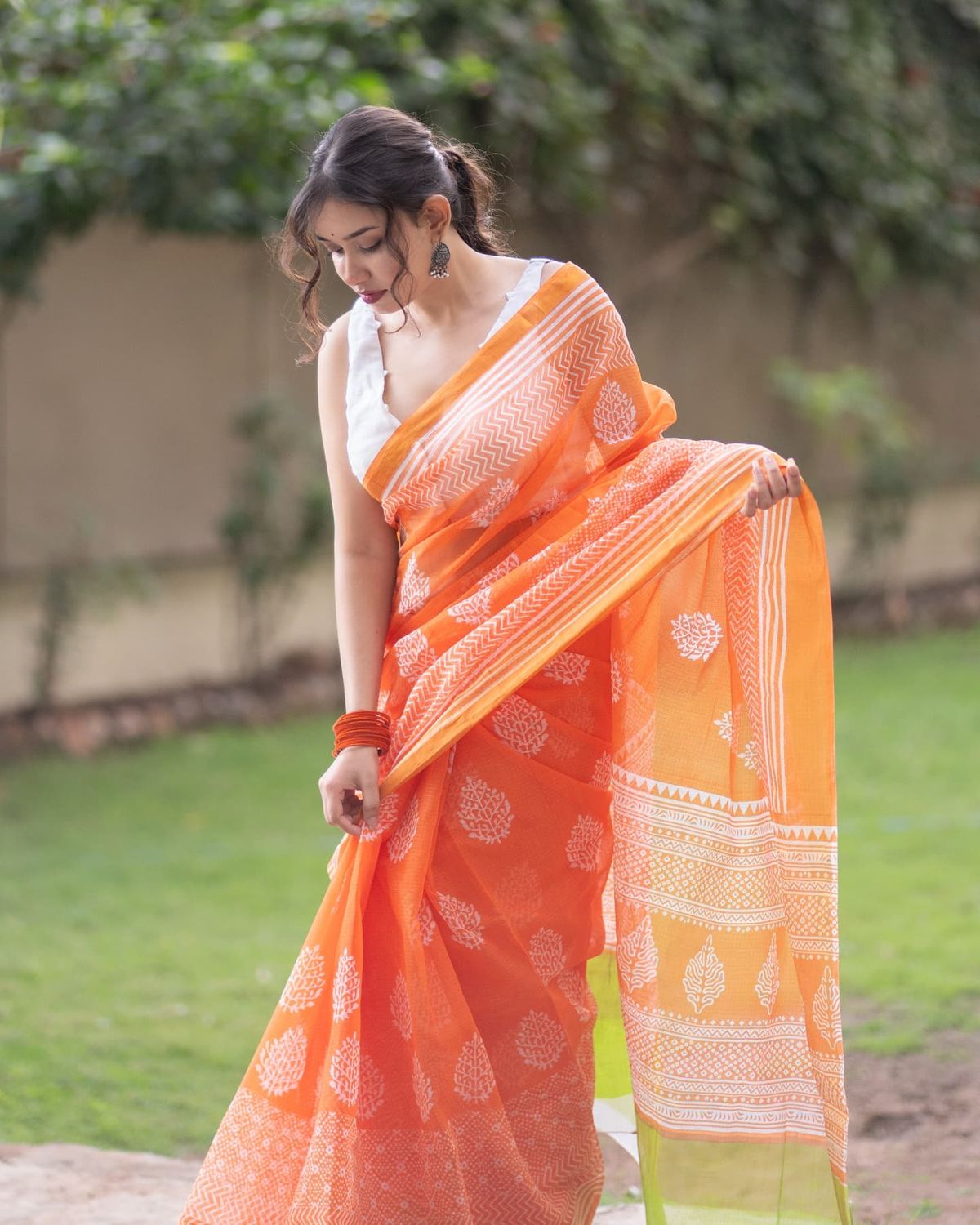 Tangerine Cotton Printed Saree
