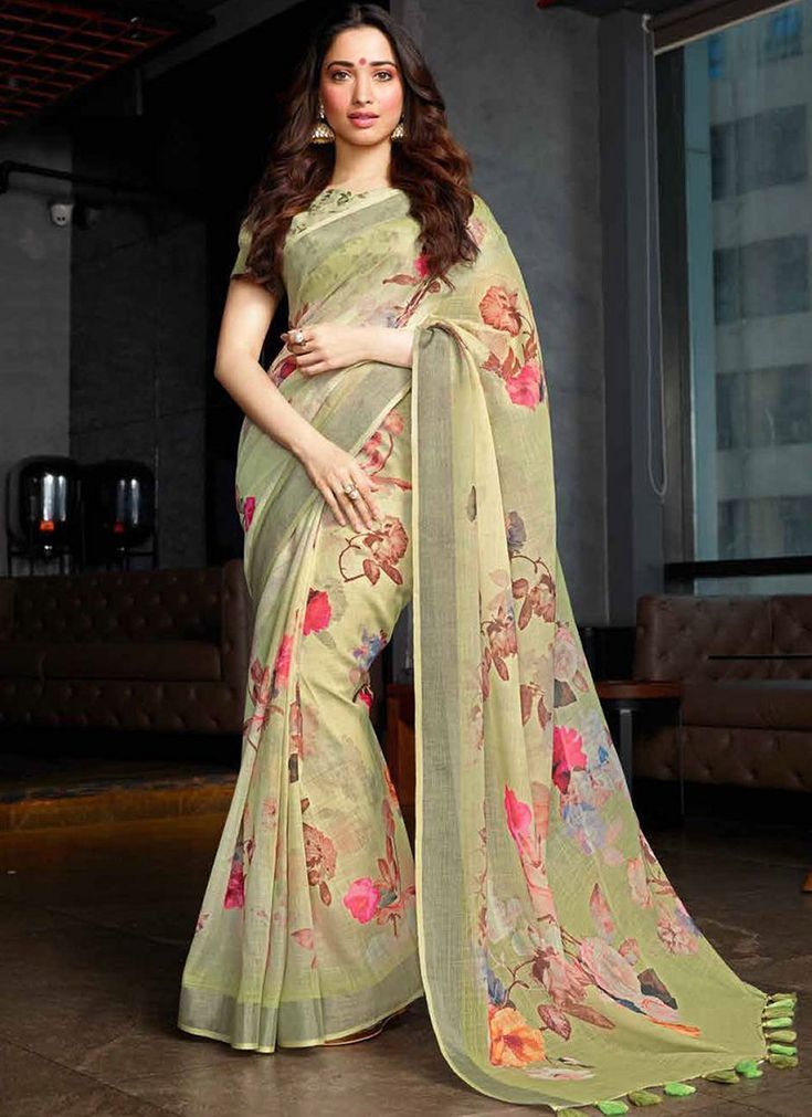 Pistachio Linen Printed Saree